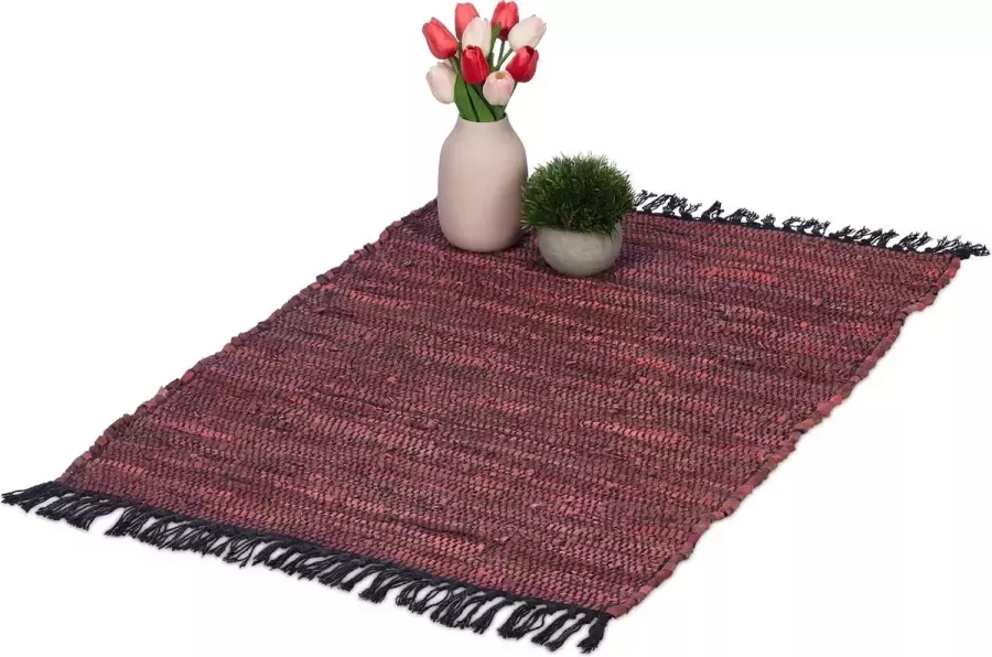 Relaxdays vloerkleed leder en katoen binnenkleed 60 x 100 cm chill mat tapijt Bordeaux