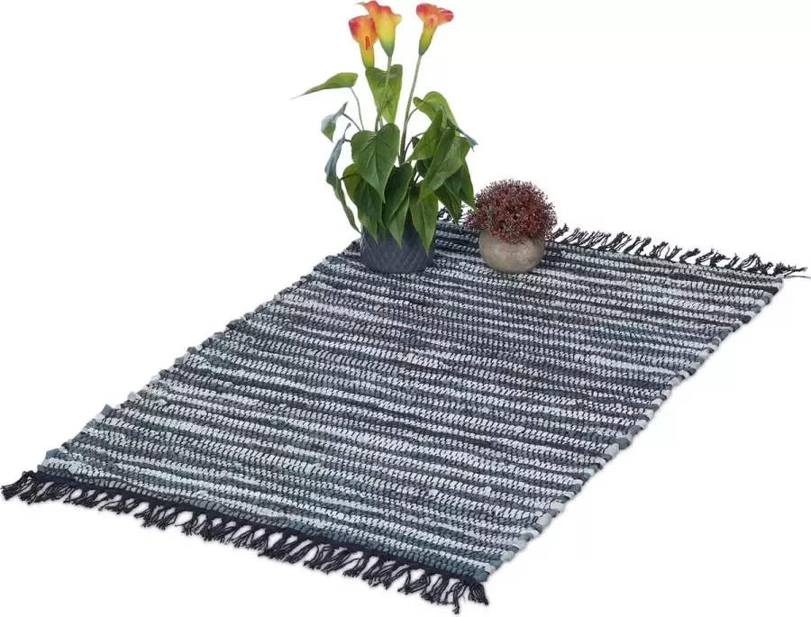 Relaxdays vloerkleed leder en katoen binnenkleed 60 x 100 cm chill mat tapijt grijs