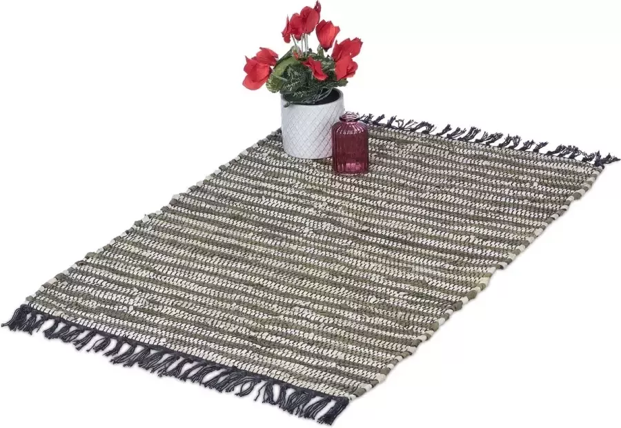 Relaxdays vloerkleed leder en katoen 60 x 100 cm binnenkleed handgeweven antislip groen-beige kaki