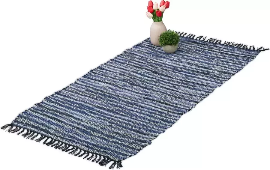 Relaxdays vloerkleed leder en katoen tapijt antislip chill mat lappen franjes Blauw 70x140cm