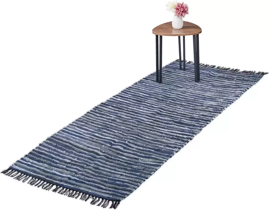 Relaxdays vloerkleed leder en katoen tapijt antislip chill mat lappen franjes Blauw 80x200cm