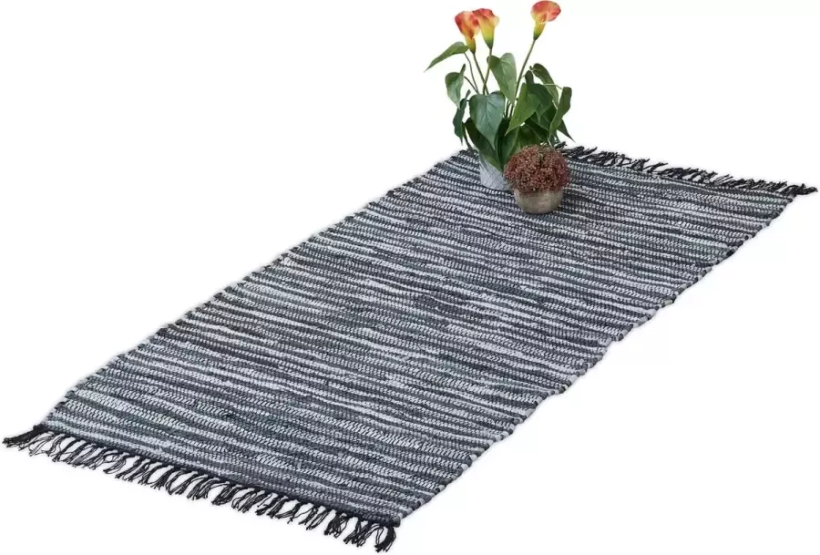 Relaxdays vloerkleed leder en katoen tapijt antislip chill mat lappen franjes Grijs 70x140cm