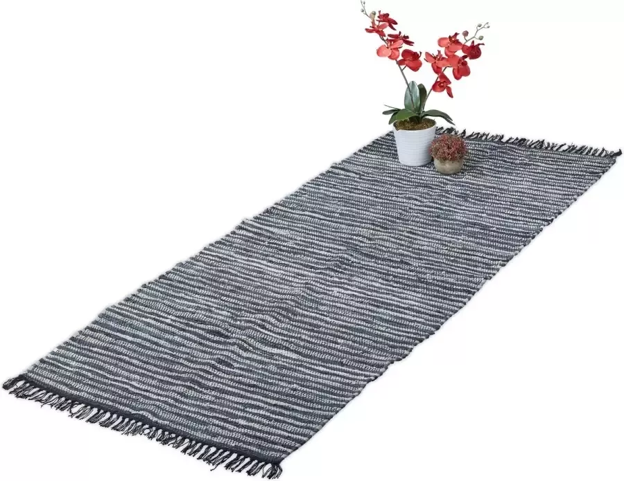 Relaxdays vloerkleed leder en katoen tapijt antislip chill mat lappen franjes Grijs 80x200cm