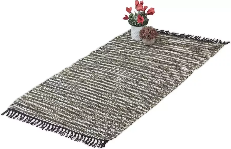 Relaxdays vloerkleed leder en katoen tapijt antislip chill mat lappen franjes Groen 70 x 140 cm