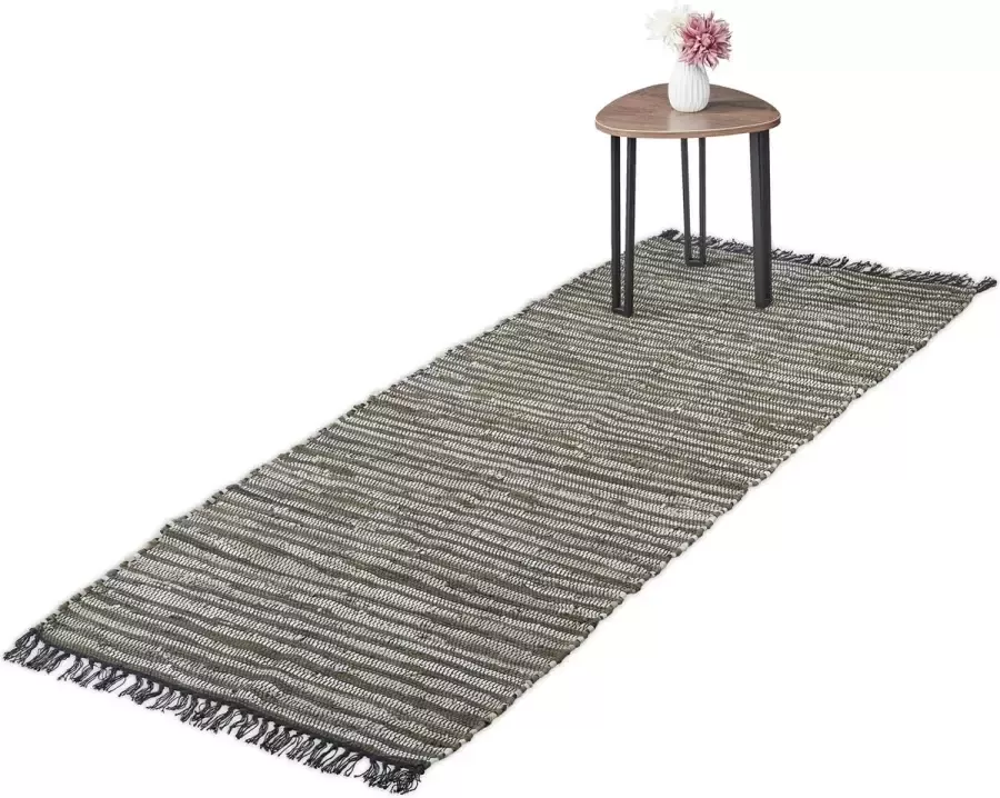 Relaxdays vloerkleed leder en katoen tapijt antislip chill mat lappen franjes Groen 80 x 200 cm