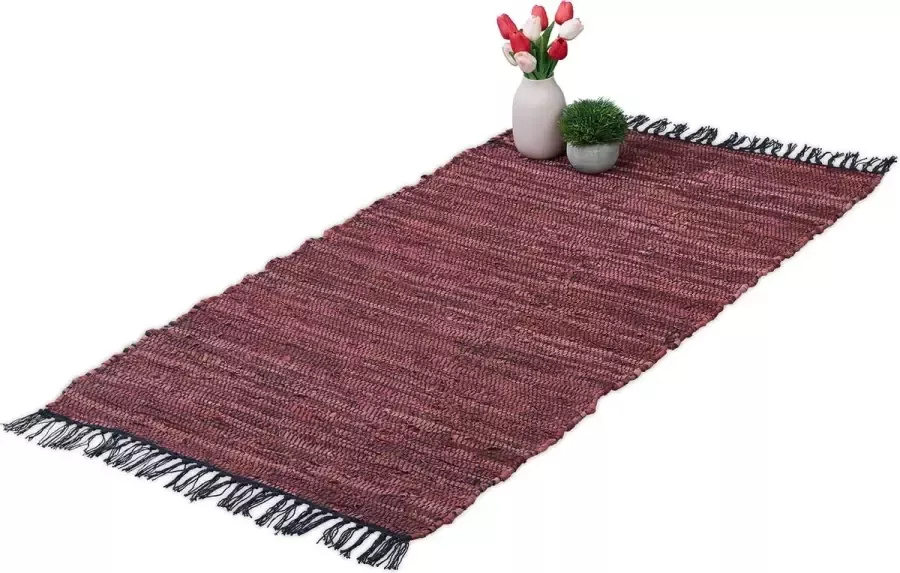 Relaxdays vloerkleed leder en katoen tapijt antislip chill mat lappen franjes Rood 70 x 140 cm