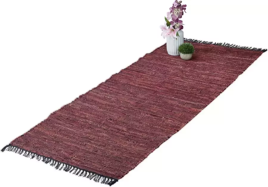 Relaxdays vloerkleed leder en katoen tapijt antislip chill mat lappen franjes Rood 80 x 200 cm