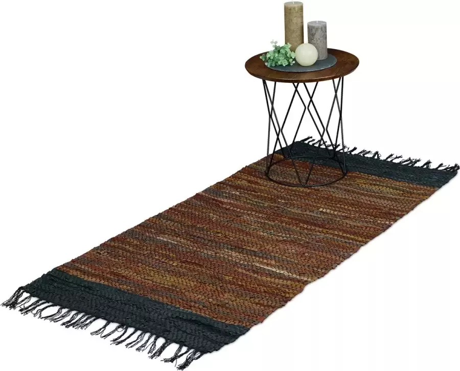 Relaxdays vloerkleed leder en katoen tapijt met franjes kleuren binnenkleed Bruin 70 x 140 cm