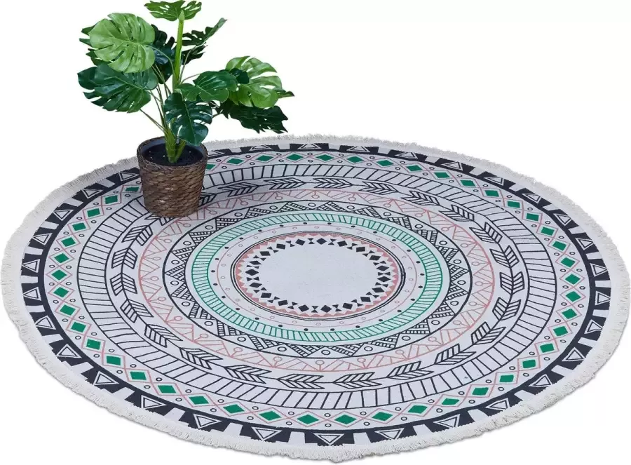 Relaxdays vloerkleed rond mandala print tapijt met franjes kleurrijk 120 cm