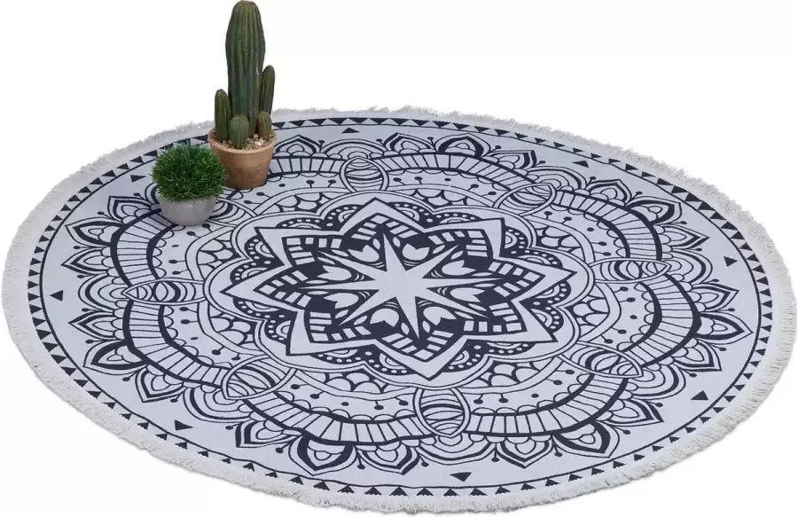 Relaxdays vloerkleed rond mandala print vloertapijt met franjes 120 cm crème zwart