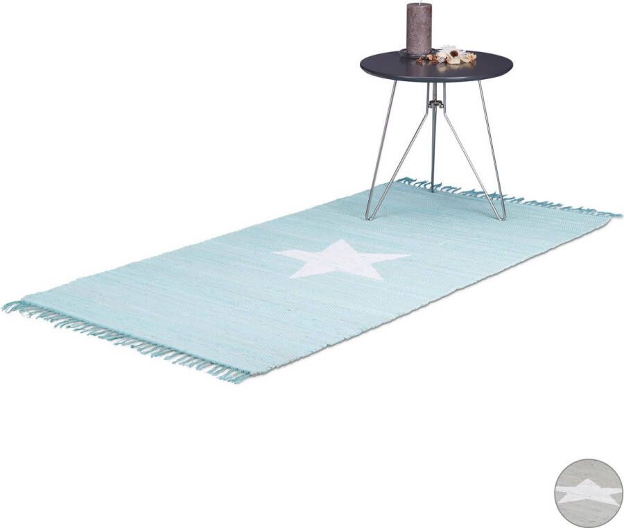 Relaxdays vloerkleed stermotief 70 x 140 cm 100% katoen met franjes patchwork kleed beige