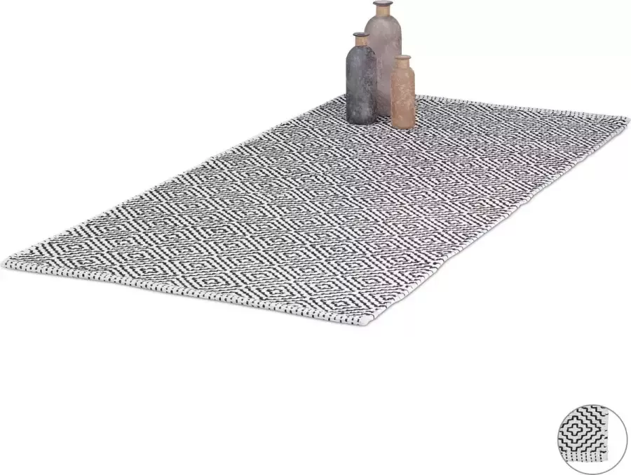 Relaxdays vloerkleed tapijt katoen zwart wit kleed woonkamer anti-slip 70x140cm