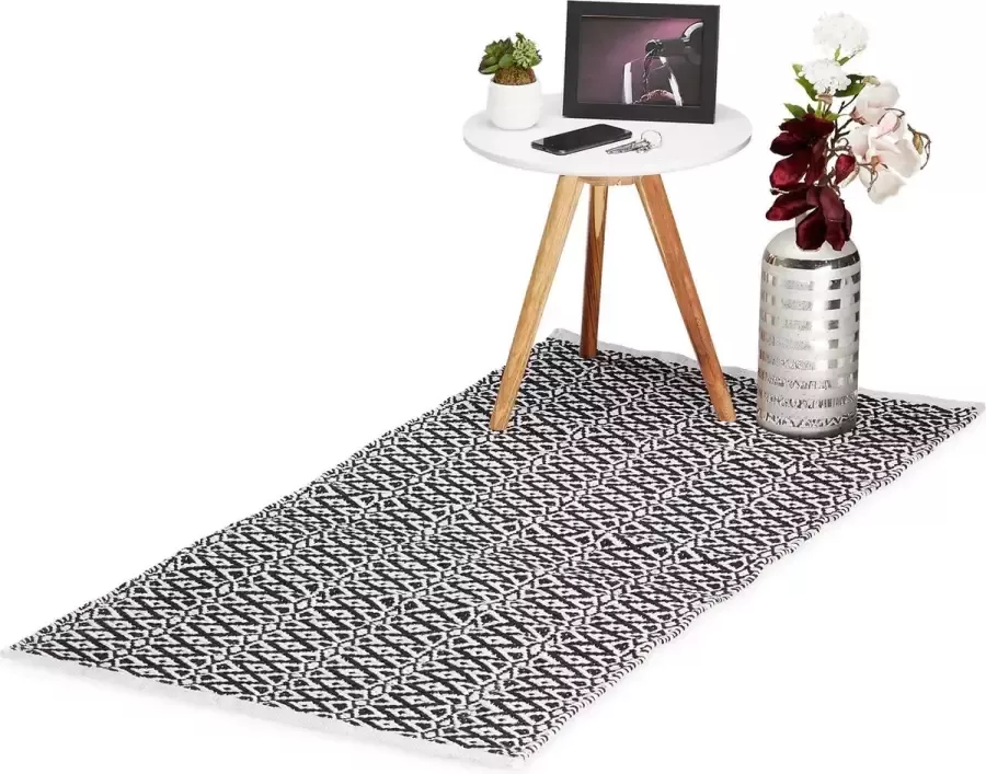 Relaxdays vloerkleed tapijt kleed modern zwart wit katoen anti-slip 70x140cm