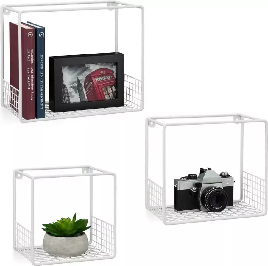 Relaxdays wandbox set van 3 stuks wandkubus metaal wandboard kubus wandelement wit