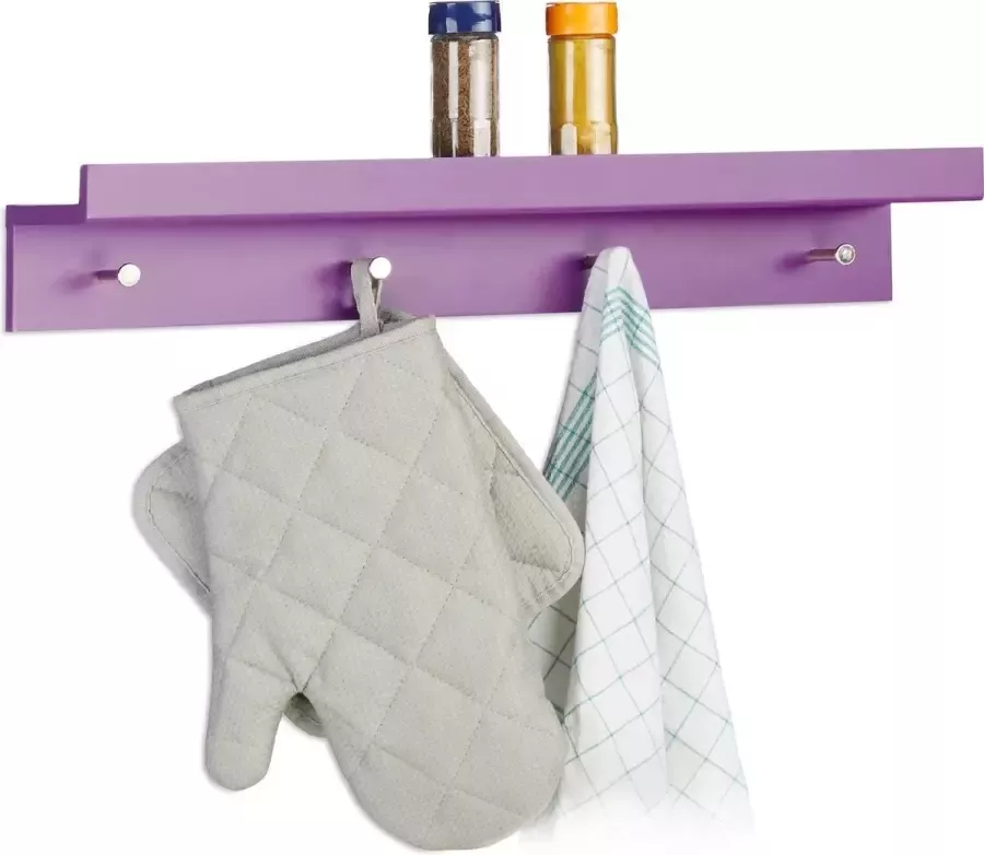 Relaxdays wandhaken met plank garderobe haken sleutelkastje 4 haken wandkapstok violet