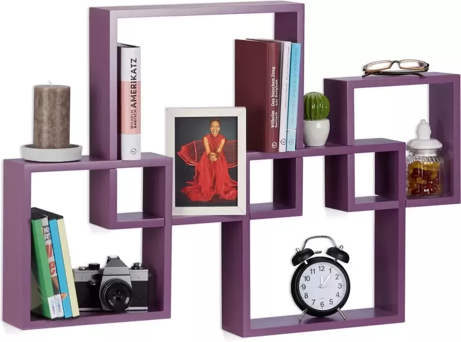 Relaxdays wandplank 4er set boekenplank wandboard MDF zwevend hout wandbox violet