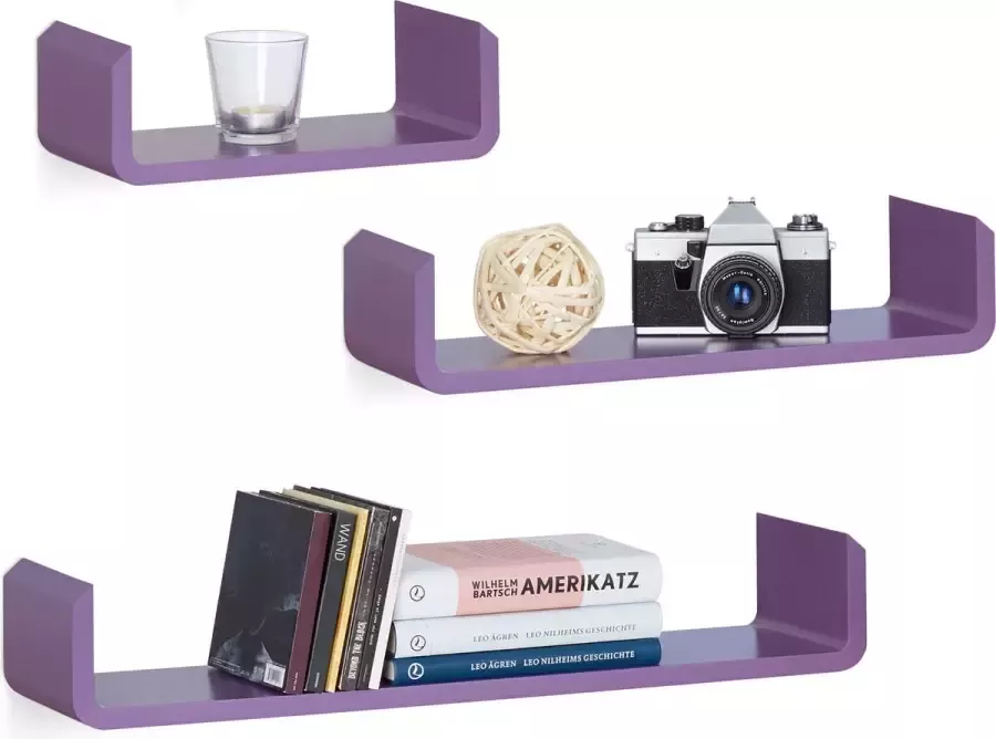 Relaxdays wandplank set van 3 U-vorm wandbox MDF zwevend wandboard kruidenrek violet