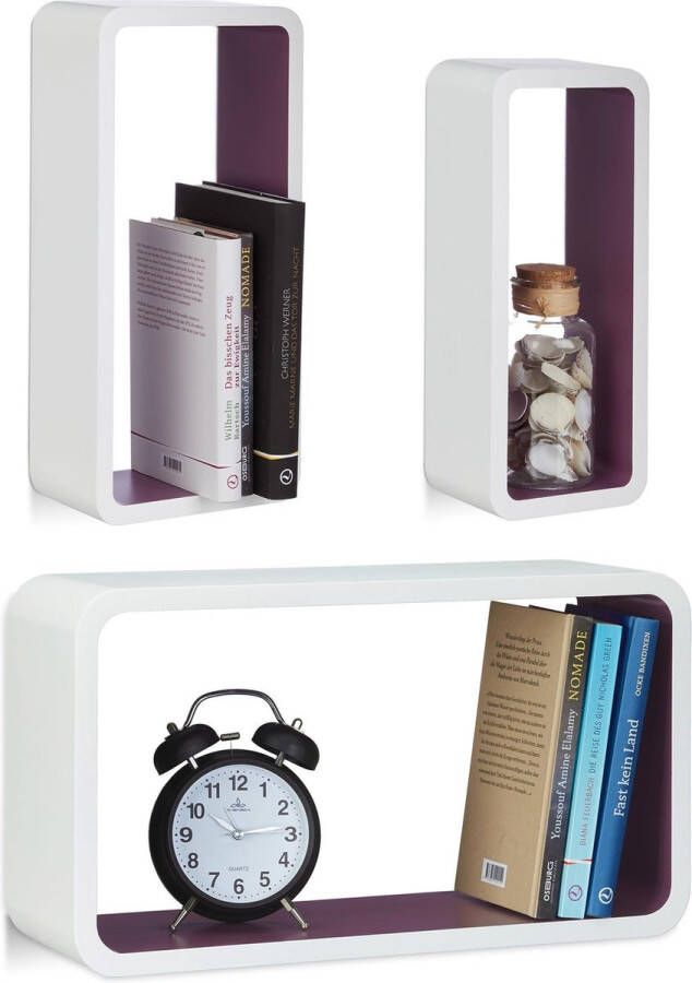 Relaxdays wandplank set van 3 XL boekenplank zwevende wandboard belastbare planken Wit-Violet