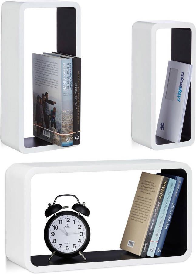 Relaxdays wandplank set van 3 XL boekenplank zwevende wandboard belastbare planken wit-zwart