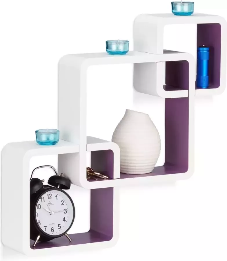 Relaxdays wandplank vakken 3-delige set zwevend kleurrijke wandboard belastbaar Wit-Violet