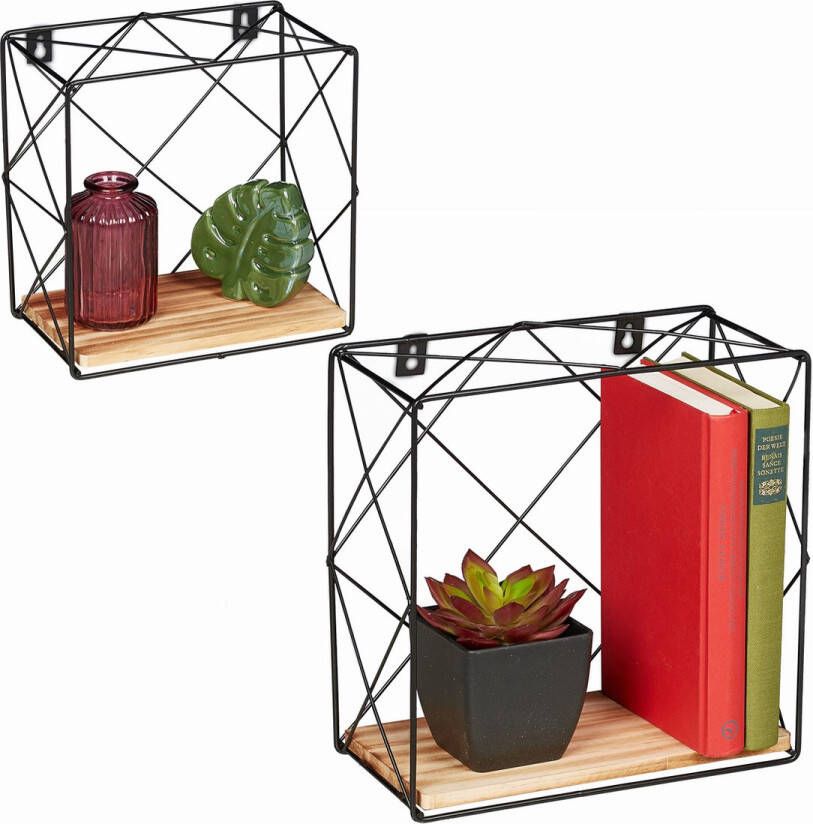 Relaxdays wandplank 2-delige set verschillende groottes voor boeken metaal mdf zwart-bruin