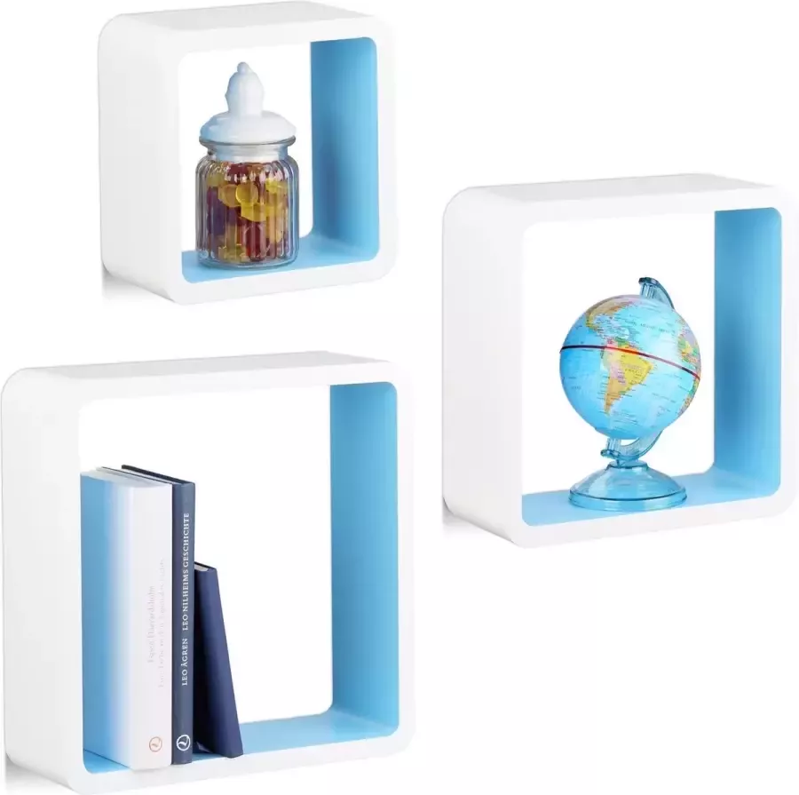 Relaxdays wandplanken cube set van 3 wandboard zwevende wandkubussen MDF kubus wit-blauw