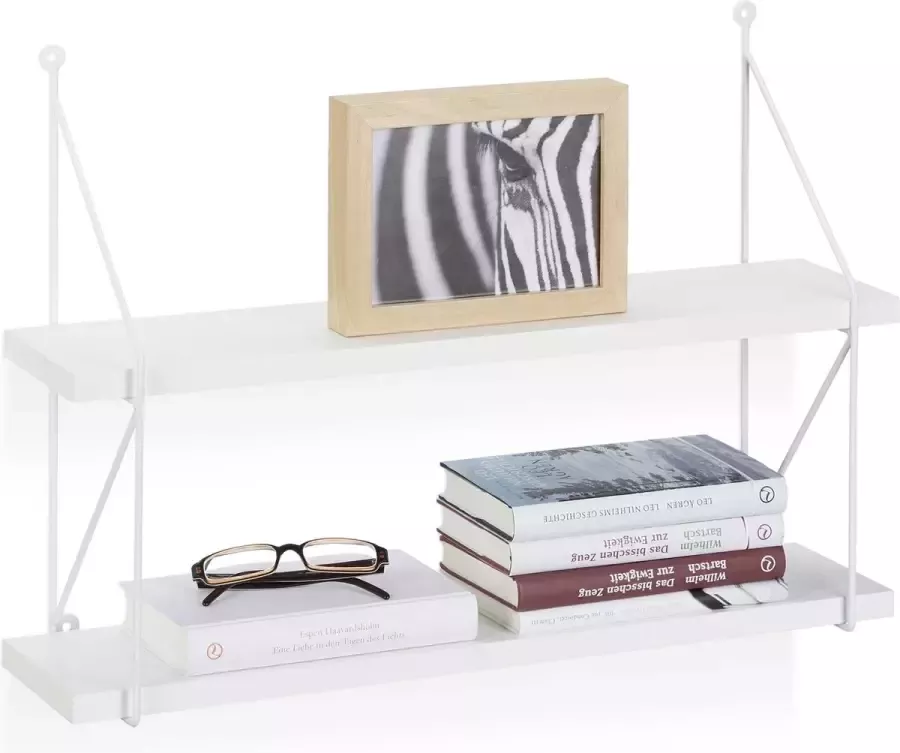 Relaxdays wandrek 2 etages MDF fotoplank met metalen frame open wandbox boekenplank wit