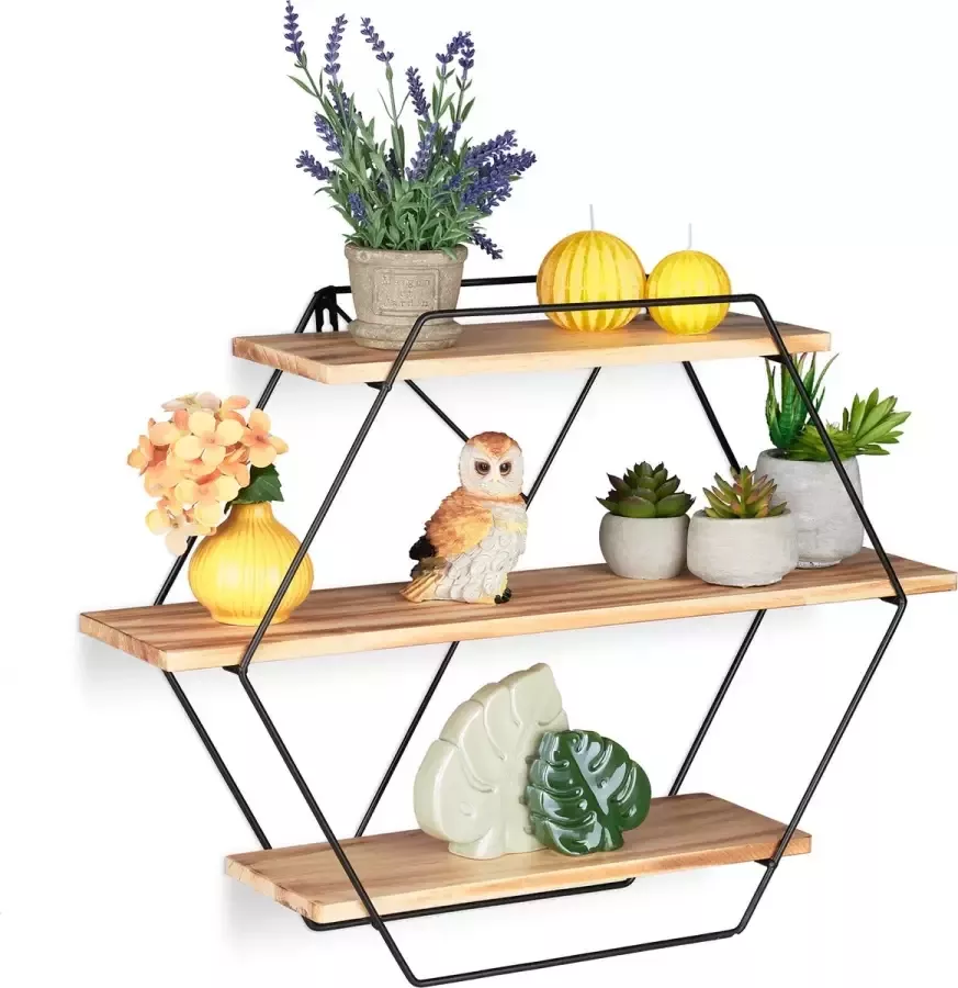 Relaxdays Wandrek industrieel wandbox 3 etages wandplank hexagon wandrekje