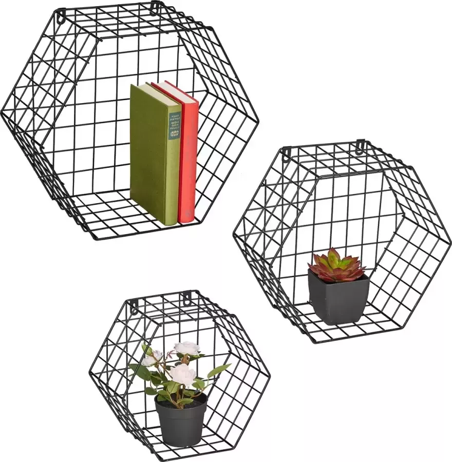 Relaxdays wandrek metaal zwart hangrek in set van 3 hangend rek industrieel hexagon
