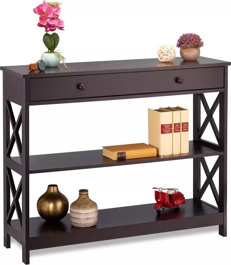 Relaxdays wandtafel met lade 3 etages 80 x 100 x 30 cm haltafel consoletafel bruin
