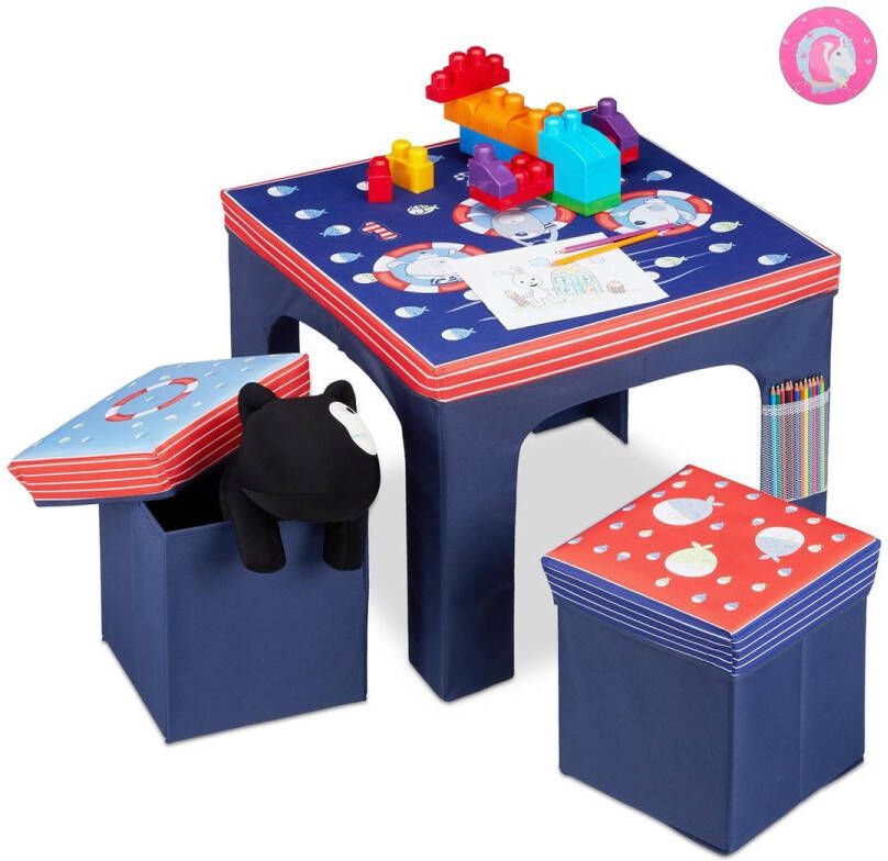 Relaxdays zitgroep kinderen kindertafel met poefs hocker kinderkamer opbergruimte B