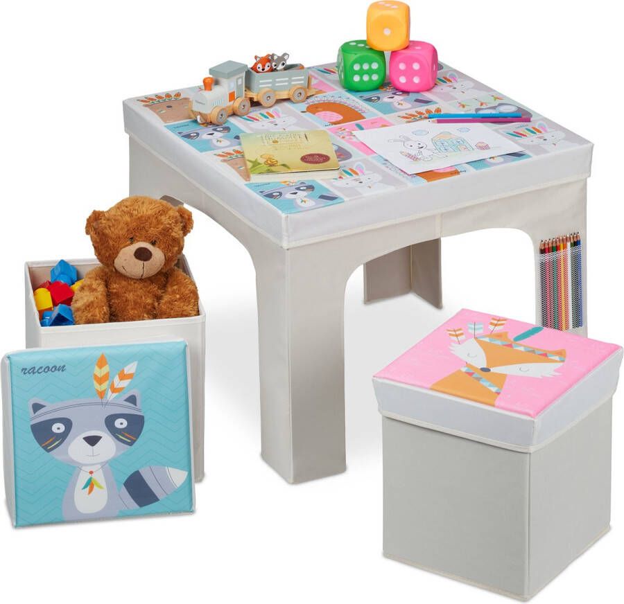 Relaxdays zitgroep kinderen kindertafel met poefs hocker kinderkamer opbergruimte D