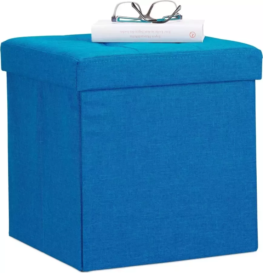 Relaxdays zitkist met opslagruimte opvouwbaar van linnen 38 x 38 x 38 cm poef blauw