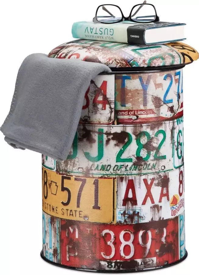 Relaxdays zitton vintage zitkist opslagruimte opbergdoos gepolsterde kruk kleurrijk B