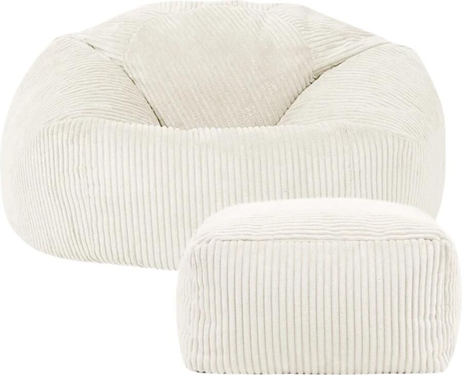 RelaxzZz Zitzak met Hocker Voetenbank Luxe Fluwelen Zitzak Volwassenen incl. Vulling Comfortabel & Stijlvol Poef Vloerstoel & Frameloze Fauteuil Gebroken Wit