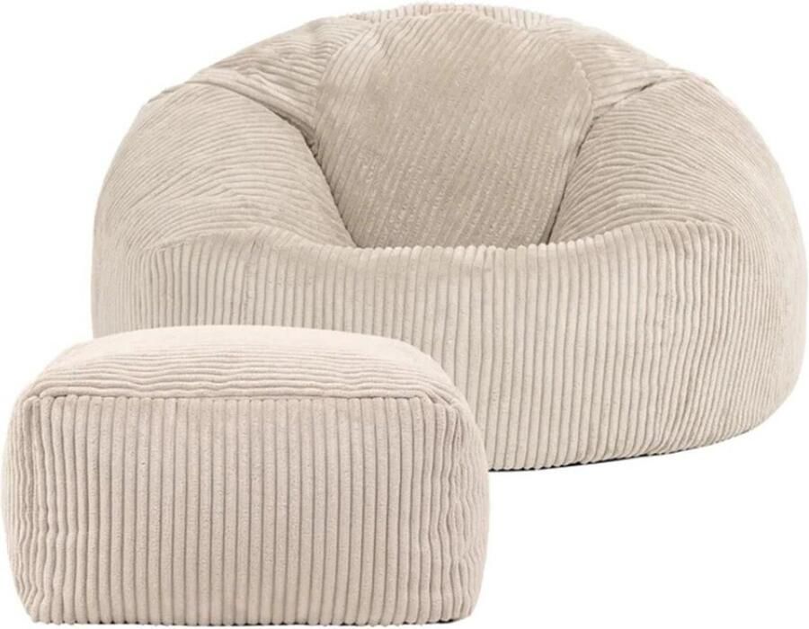 RelaxzZz Zitzak met Hocker Voetenbank Luxe Fluwelen Zitzak Volwassenen incl. Vulling Comfortabel & Stijlvol Poef Vloerstoel & Frameloze Fauteuil Beige