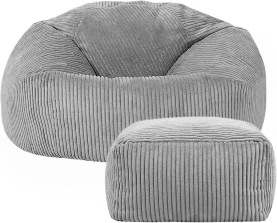 RelaxzZz Zitzak met Hocker Voetenbank Luxe Fluwelen Zitzak Volwassenen incl. Vulling Comfortabel & Stijlvol Poef Vloerstoel & Frameloze Fauteuil Grijs