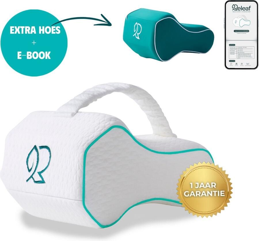Releaf Kniekussen Voor in Bed – Orthopedisch Kniekussen met band- Ergonomisch Beenkussen – Extra hoes – Zijslaapkussen – Traagschuim Zijslaper Rugklachten Rugpijn Heupklachten Kerstcadeau 1 Jaar garantie