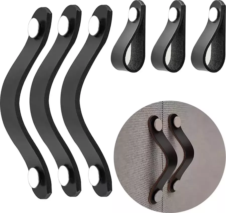 Rendcqin Lederen handgrepen meubels 6 stuks meubelgrepen lederen lus handvat lederen meubels kastgrepen leer zwart kast meubelknoppen lederen kastgrepen voor lade kastdeur wooncultuur