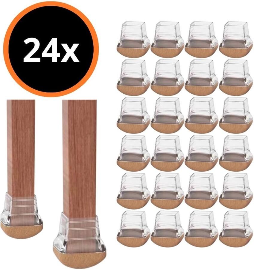 Reqz Products Flexibele Vierkante Stoelpootdoppen Set van 24 stuks Ø20-25mm Transparant Bruin Stoelpoot beschermers met vilt Vloerbescherming