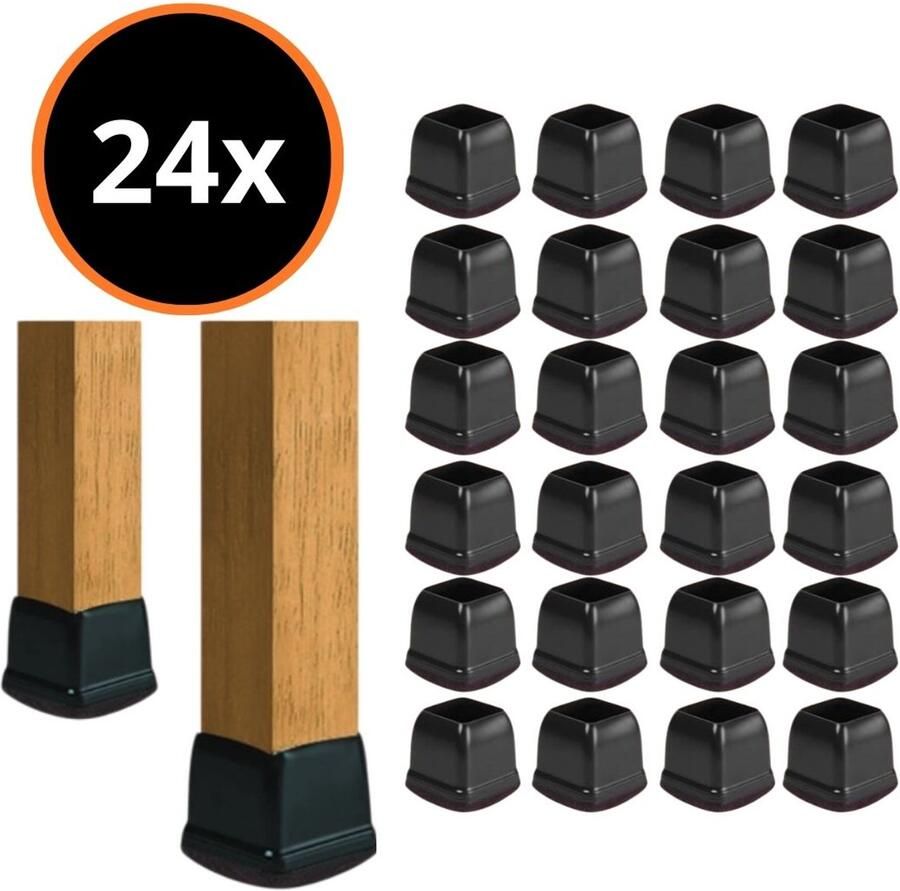Reqz Products Flexibele Vierkante Stoelpootdoppen Set van 24 stuks Ø20-25mm Zwart Stoelpoot beschermers met vilt Vloerbescherming