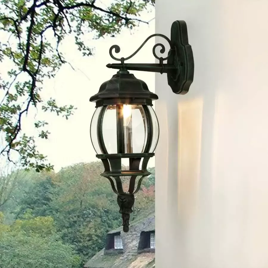 RESKO Licht-Erlebnisse Wandlamp Outdoor BREST groot rustiek in zwart-groen antiek-look lantaarn lamp tuin E27 IP44 regenbeschermd