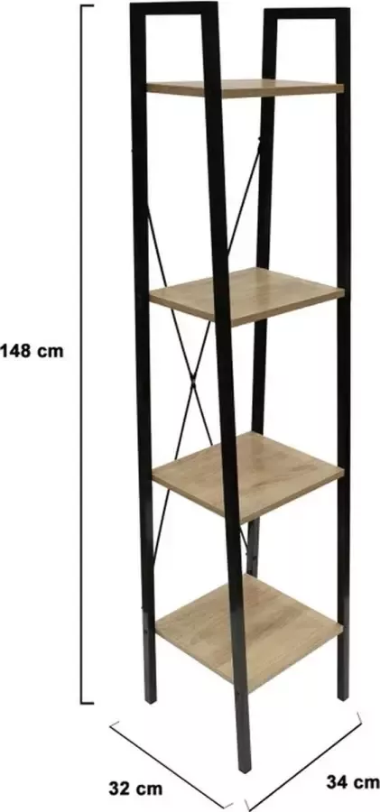 Retail Team Boekenkast 4 planken hout metaal 34 x 32 x 148 cm
