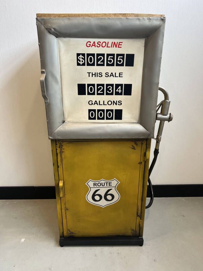 Retroo.nl Metalen retro look Benzinepomp kast geel 135 x 58 x 45cm. !