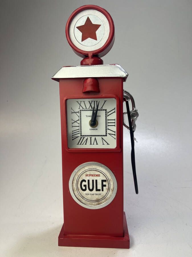 Retroo.nl Retro Gulf benzinepomp klok Rood Metaal Bureau klok