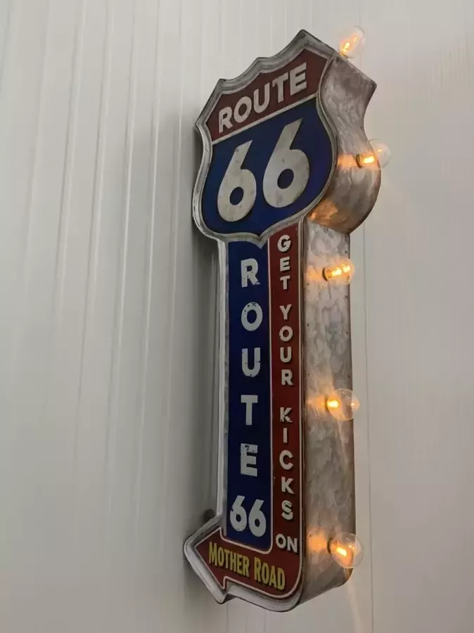 Retroo.nl Dubbelzijdig Route 66 vintage marquee uithangbord met bulb lampen 21 x 7 x 58 5 cm verlicht