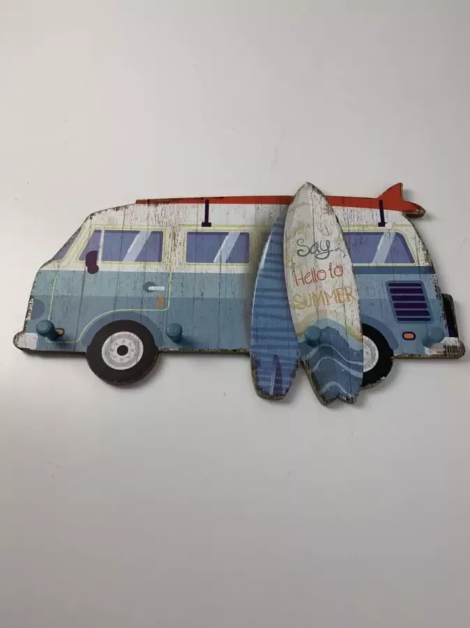 Retroo.nl Houten kapstok sleutelrek retro bus blauw