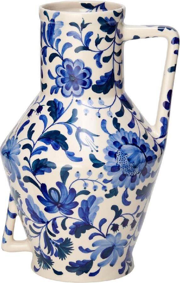 Return to Sender Vaas Medium 30 cm Bed of Flowers Blue handgeschilderd met handvat blauw witte bloemenvaas