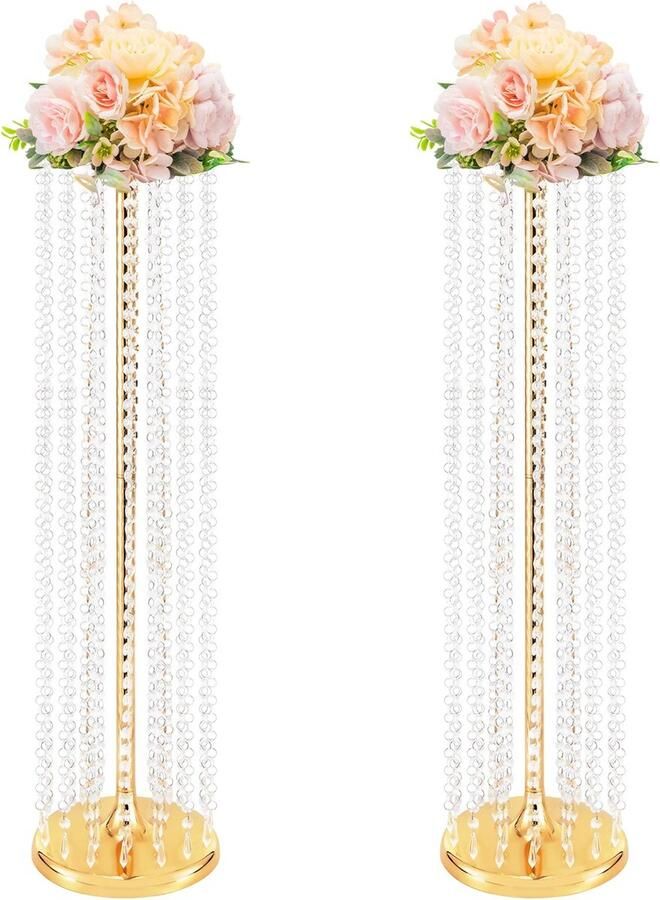 Rêverie Luxe Set van 2 Gouden Kristallen Bloemenvazen Vazen 90 cm Hoge Bloemvaashouders Tafel Decoratie voor Bruiloften Feestdecoratie