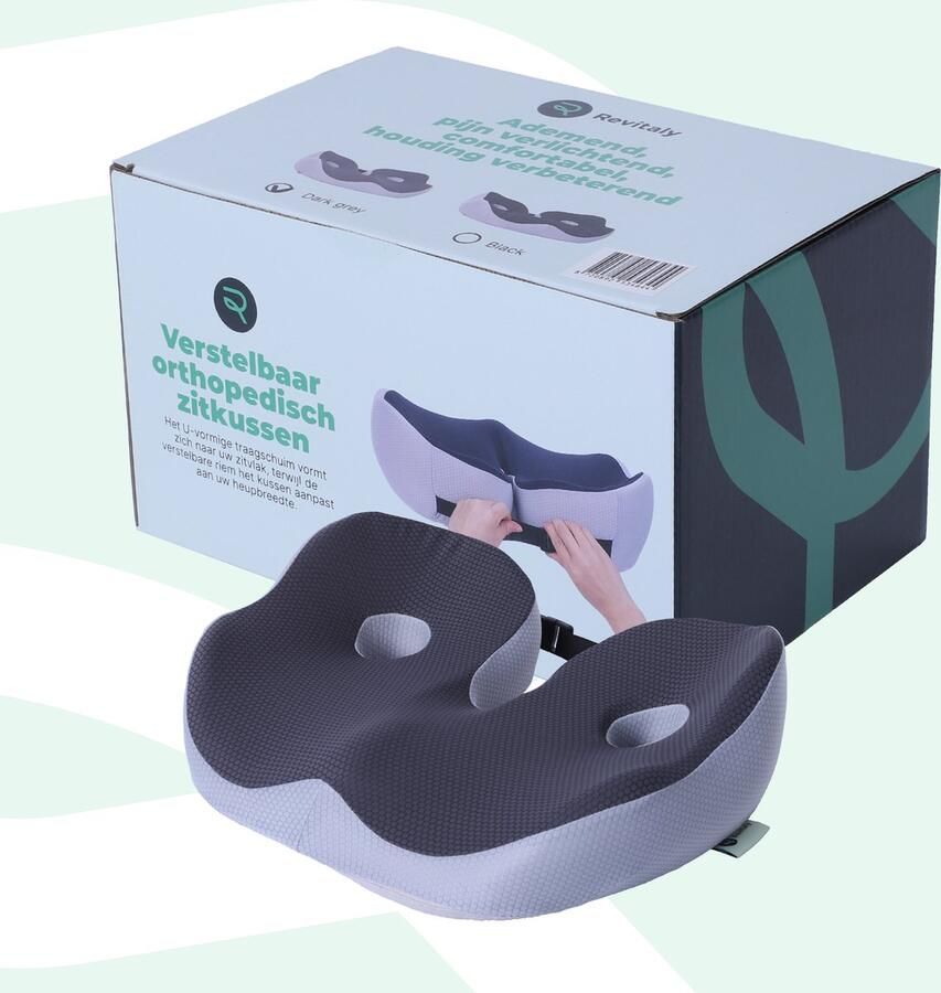 Revitaly Orthopedisch Zitkussen DonkerGrijs Stuitkussen Stoelkussen Verstelbare zitkussen Traagschuim & Wasbare Hoes Anti-slip Zitkussen Geschikt voor Bureaustoel Auto Bed Bank Ergonomisch Orthopedisch Aambeien